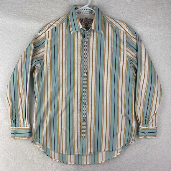 Robert Graham Shirt Mens Large Multicolor Striped Button Up‎ Silk Trim Flip Cuff - Picture 1 of 16